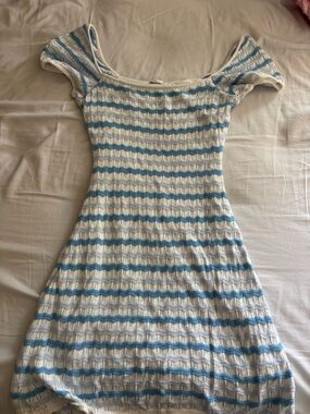 Hollister White and Light Blue Striped Off-Shoulder Mini Dress